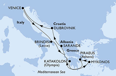 8-дневен круиз на борда на MSC MUSICA: Venice - Brindisi - Katakolon - Mykonos - Piraeus - Sarande - Dubrovnik 2019