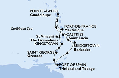 8-Дневен круиз на борда на MSC PREZIOSA - Fort de France, Pointe-A-Pitre, Castries, Bridgetown, Port of Spain, Saint George, Kingstown